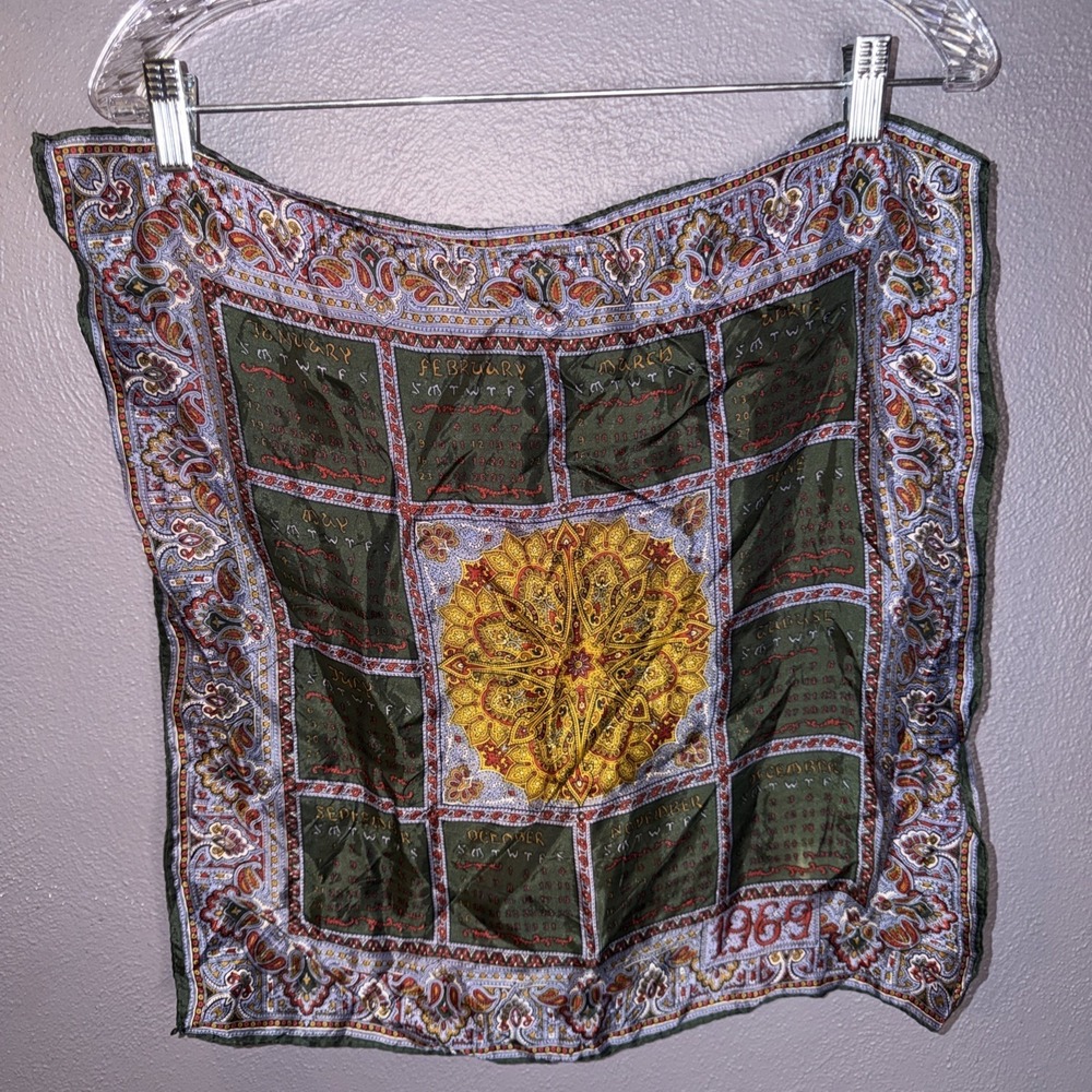 Vintage 1969 Calendar Hand Sewn Silk Paisley Medallion  Print Square Scarf